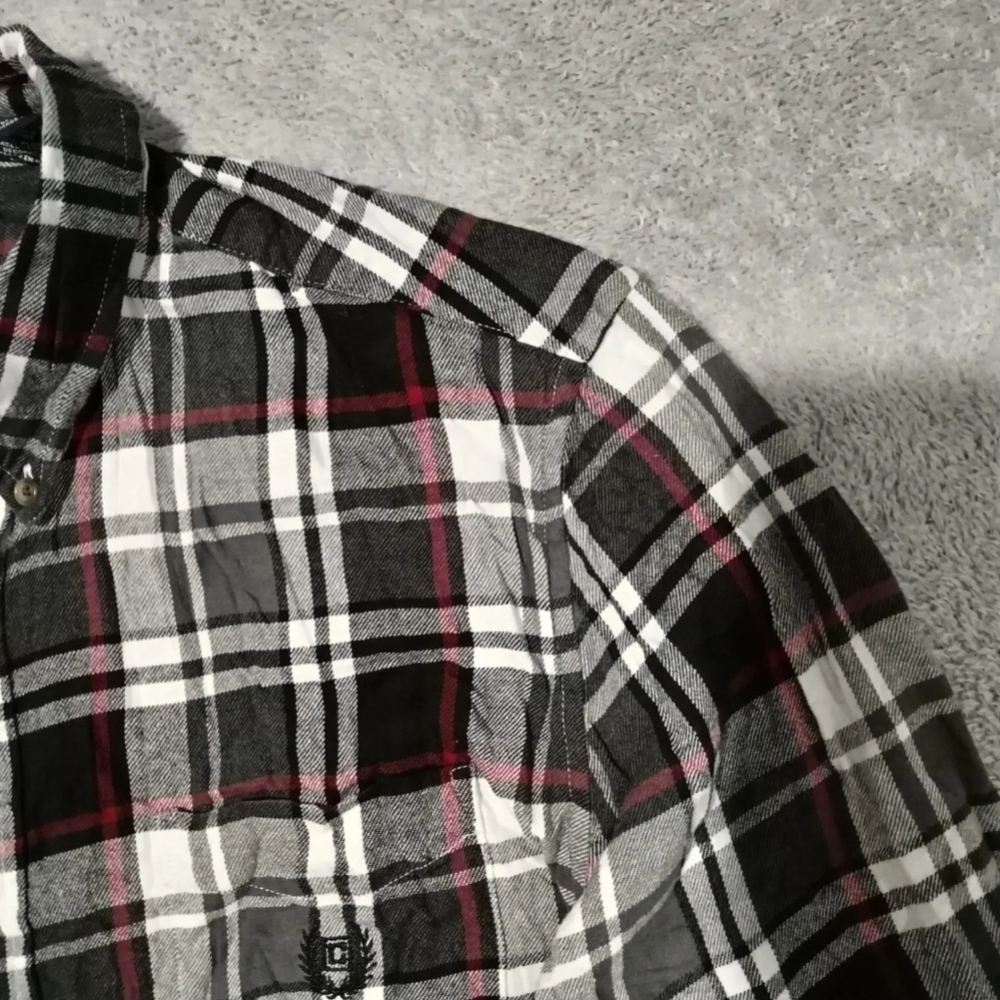 Chaps Shirt Mens L Combat Grey Flannel Plaid Embroidered Logo Button Down Pocket - Picture 5 of 13